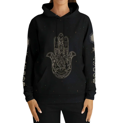 Black Unisex Hoodie With Hamsa And Sacred Geometry