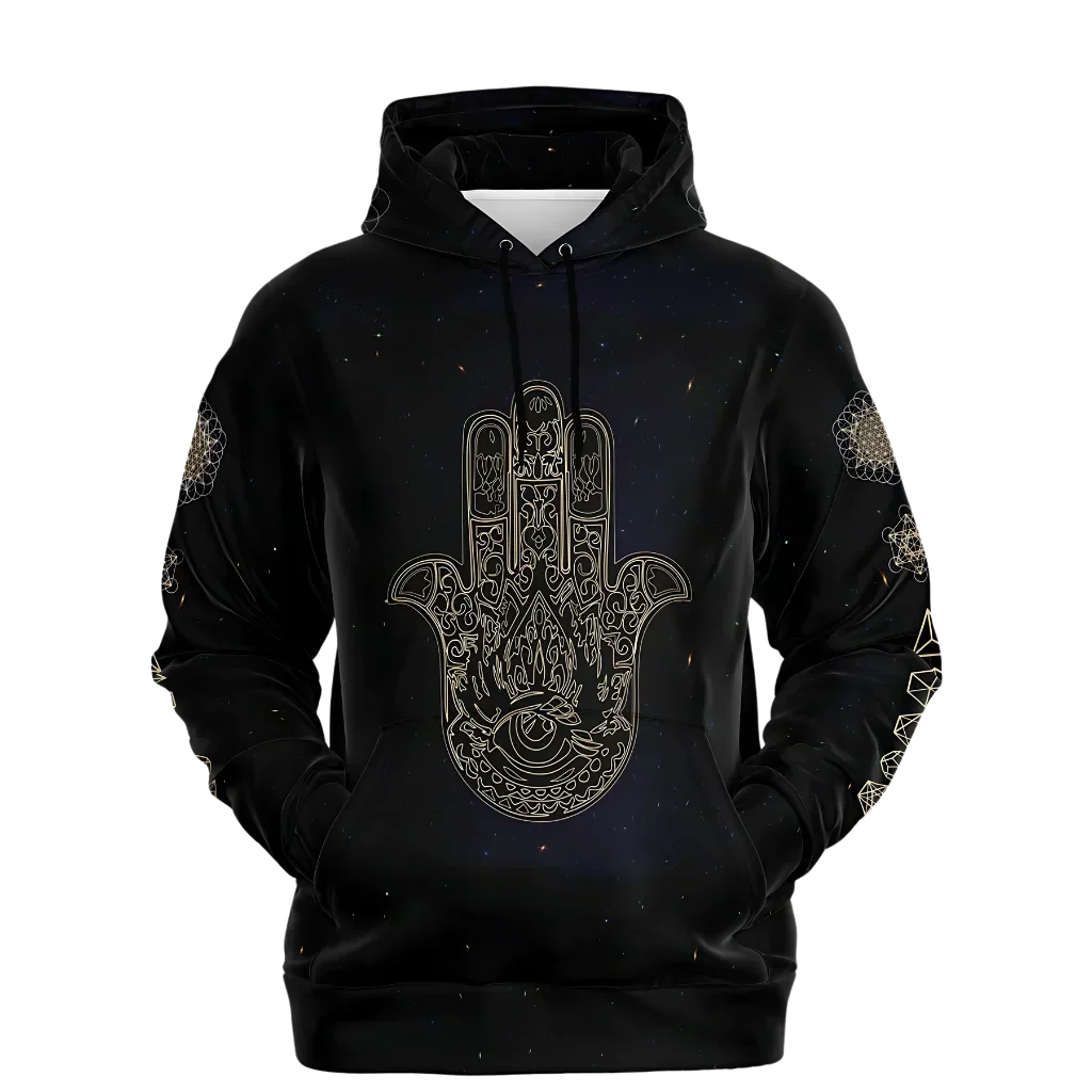 Black Unisex Hoodie With Hamsa And Sacred Geometry - XS