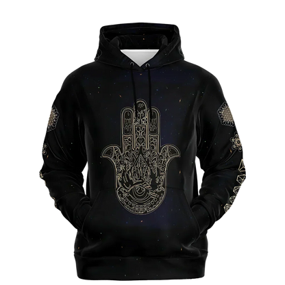 Black Unisex Hoodie With Hamsa And Sacred Geometry - XS