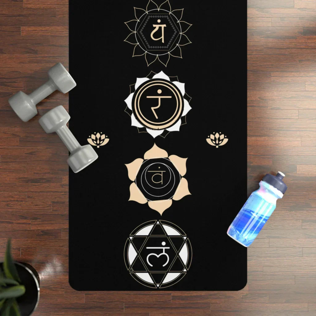 Black Yoga Mat With Golden Chakra Energy Symbols - 24x68