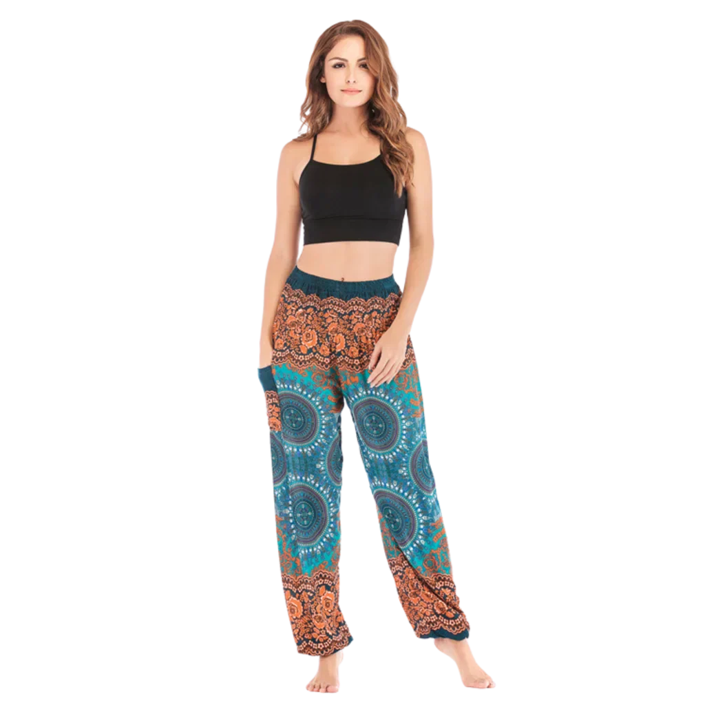 Bohemian-style harem pants with mandala patterns in teal and orange colors, front view - BOHEMIAN COTTON SMOCKED ALADDIN PANTS FOR LADIES