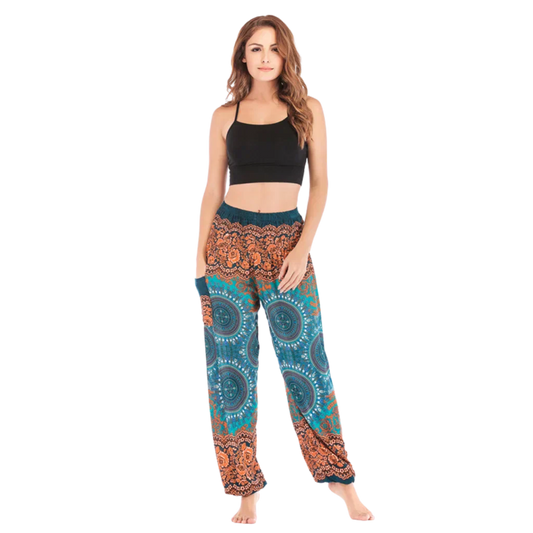 Bohemian-style harem pants with mandala patterns in teal and orange colors, front view - BOHEMIAN COTTON SMOCKED ALADDIN PANTS FOR LADIES