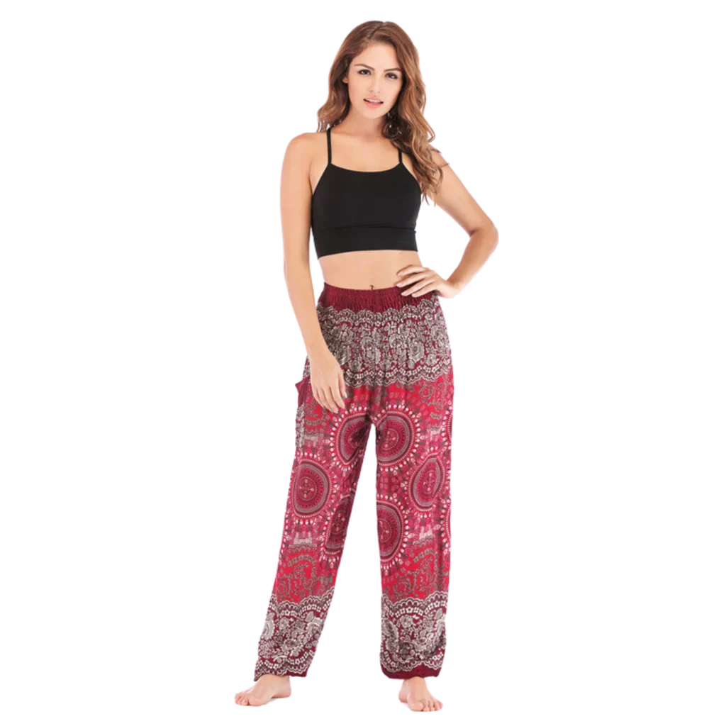 Bohemian-style harem pants with mandala patterns in maroon and gray colors, front view - BOHEMIAN COTTON SMOCKED ALADDIN PANTS FOR LADIES