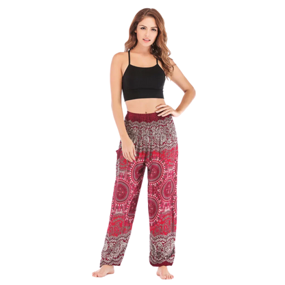 Bohemian-style harem pants with mandala patterns in maroon and gray colors, front view - BOHEMIAN COTTON SMOCKED ALADDIN PANTS FOR LADIES