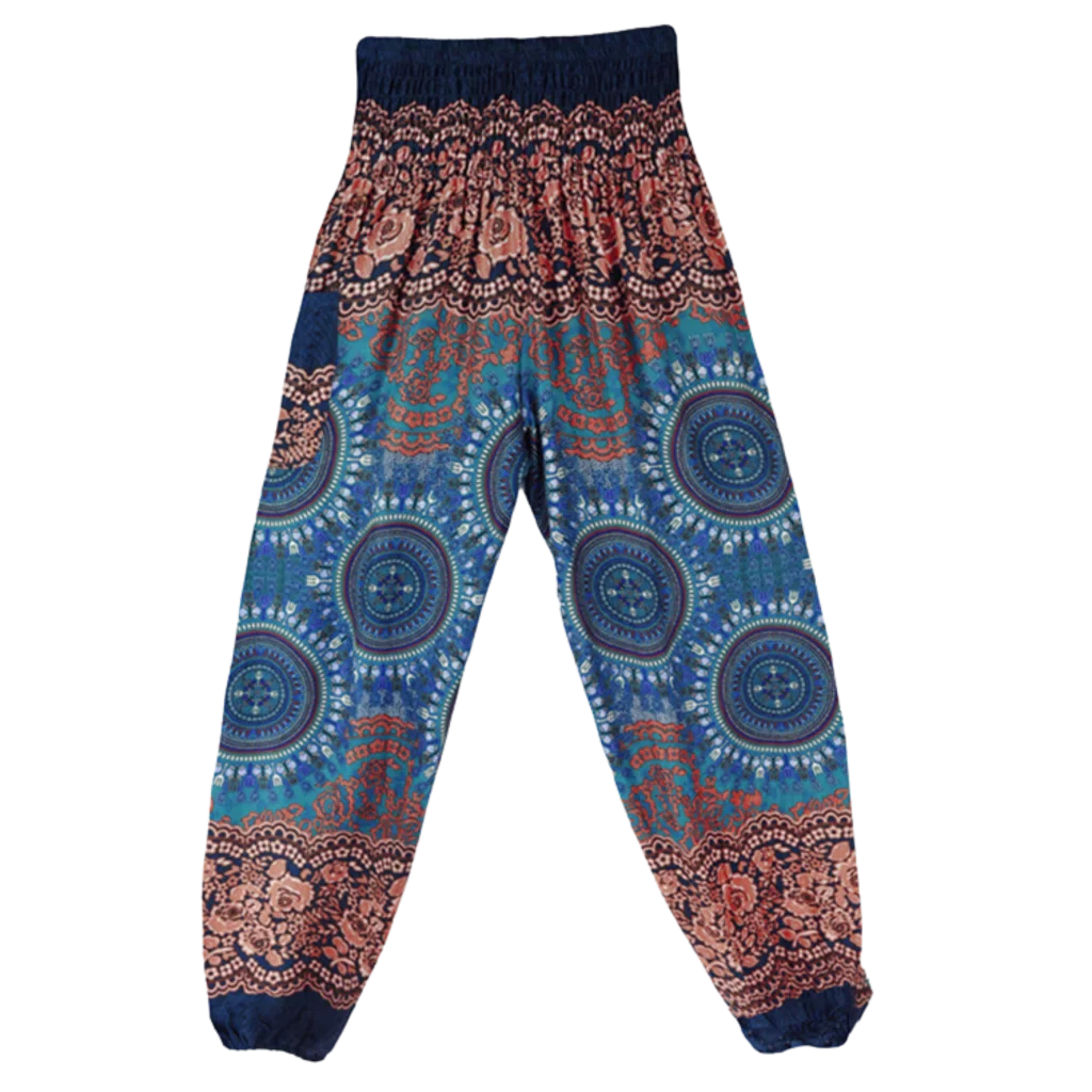 Bohemian-style harem pants with mandala patterns in dark blue and burgandy colors, front view - BOHEMIAN COTTON SMOCKED ALADDIN PANTS FOR LADIES