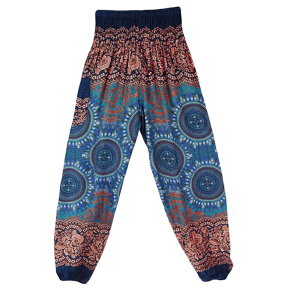 Bohemian-style harem pants with mandala patterns in dark blue and burgandy colors, front view - BOHEMIAN COTTON SMOCKED ALADDIN PANTS FOR LADIES