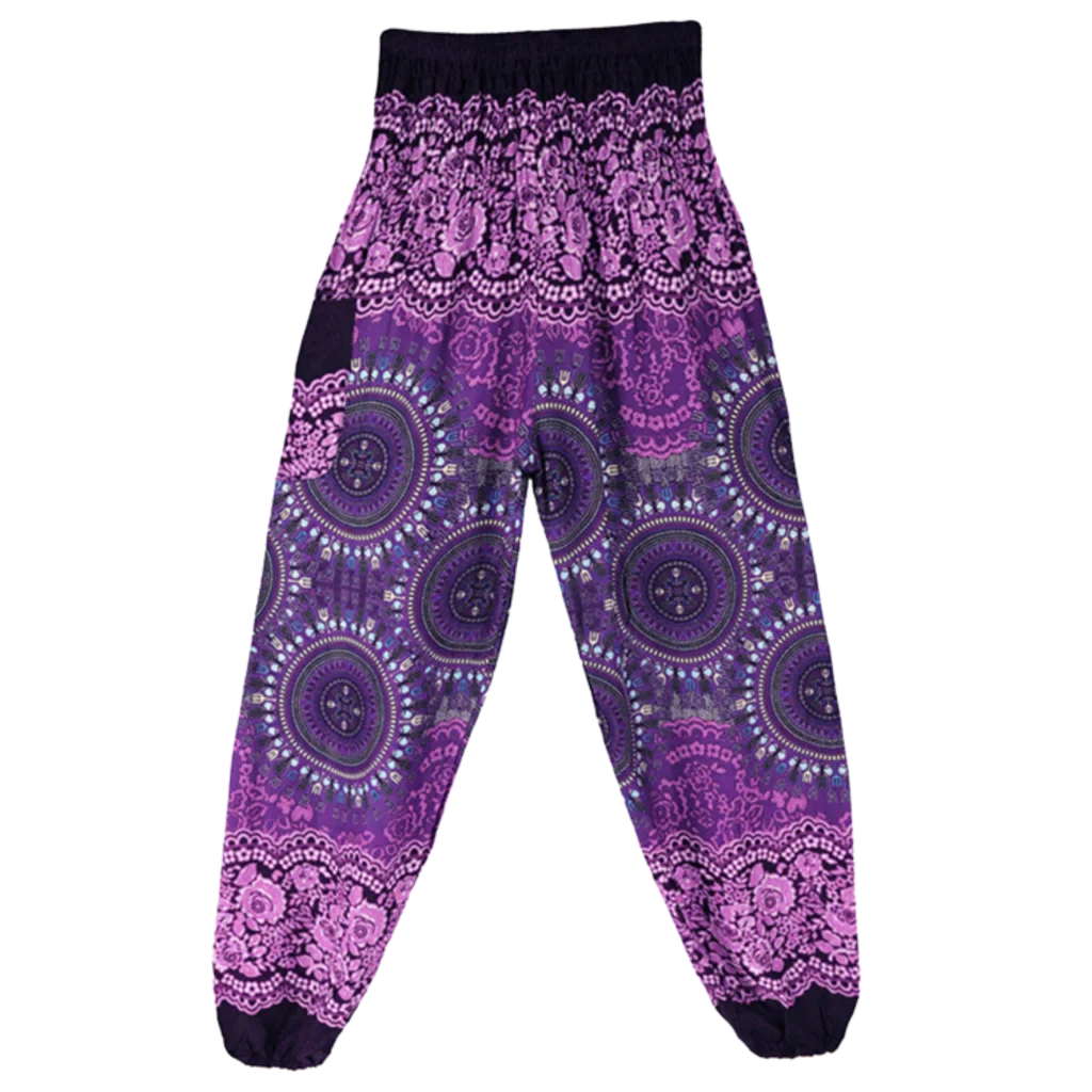 Bohemian-style harem pants with mandala patterns in purple and white colors, front view - BOHEMIAN COTTON SMOCKED ALADDIN PANTS FOR LADIES