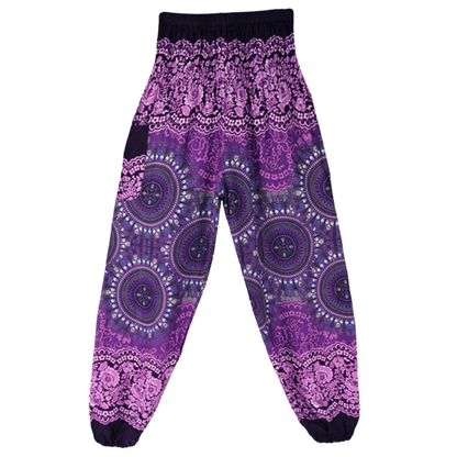 Bohemian-style harem pants with mandala patterns in purple and white colors, front view - BOHEMIAN COTTON SMOCKED ALADDIN PANTS FOR LADIES