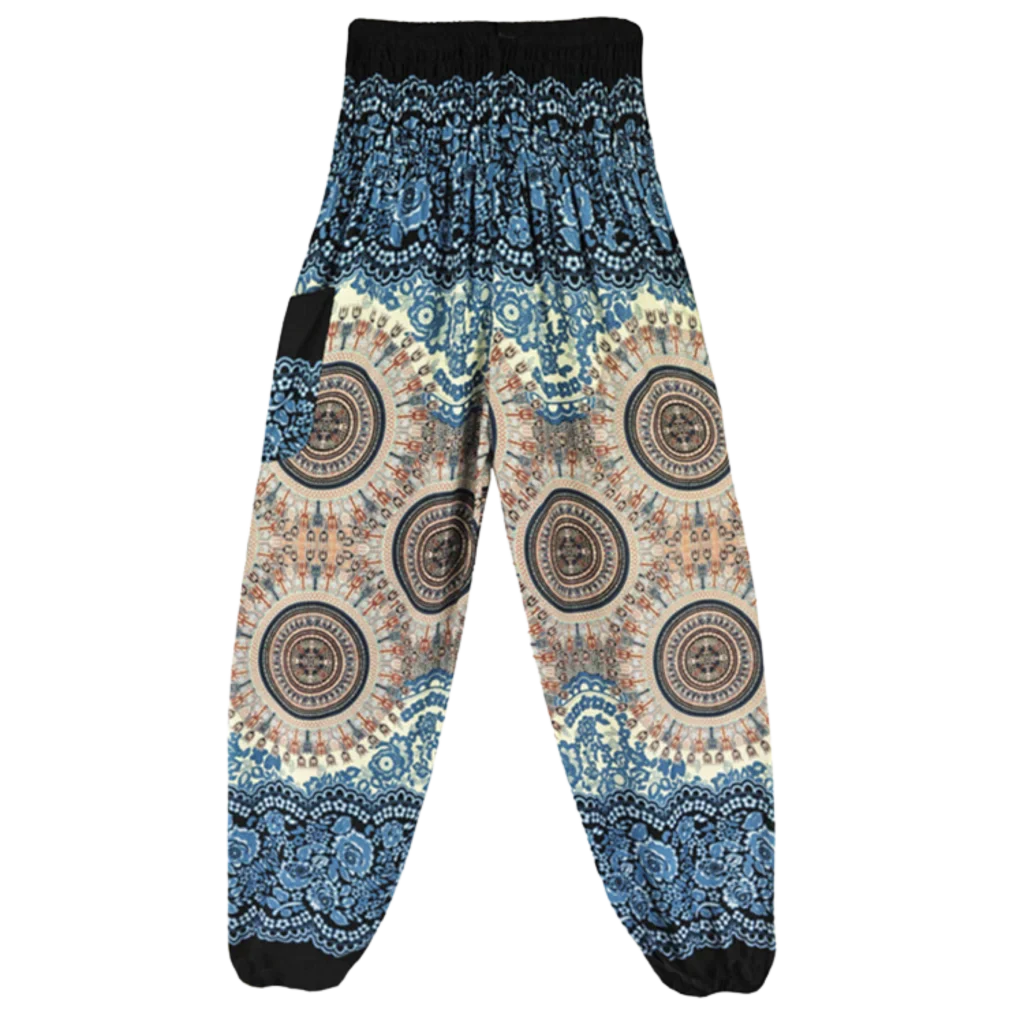 Bohemian-style harem pants with mandala patterns in black and blue colors, front view - BOHEMIAN COTTON SMOCKED ALADDIN PANTS FOR LADIES