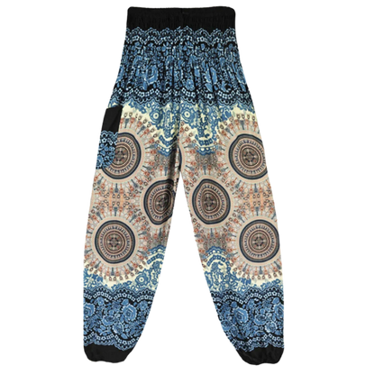 Bohemian-style harem pants with mandala patterns in black and blue colors, front view - BOHEMIAN COTTON SMOCKED ALADDIN PANTS FOR LADIES