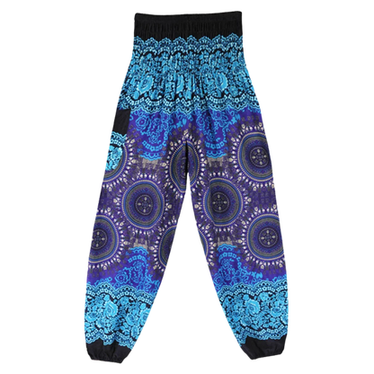 Bohemian-style harem pants with mandala patterns in blue and purple colors, front view - BOHEMIAN COTTON SMOCKED ALADDIN PANTS FOR LADIES