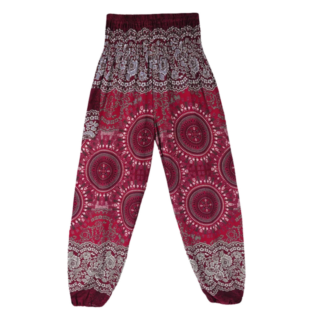 Bohemian-style harem pants with mandala patterns in maroon and gray colors, front view - BOHEMIAN COTTON SMOCKED ALADDIN PANTS FOR LADIES