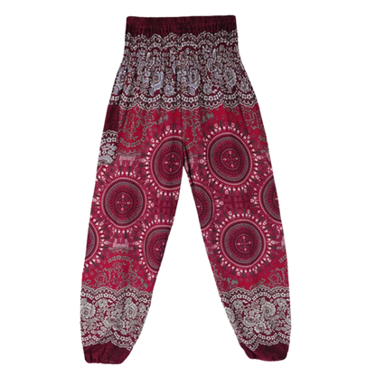 Bohemian-style harem pants with mandala patterns in maroon and gray colors, front view - BOHEMIAN COTTON SMOCKED ALADDIN PANTS FOR LADIES