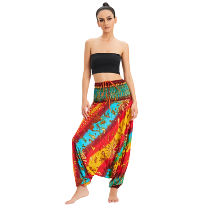 BOHEMIAN DREAMSCAPE CONVERTIBLE JUMPSUIT HAMMER PANTS - Yellow Blue Red Gradient / Free Size - Women Hammer Pants