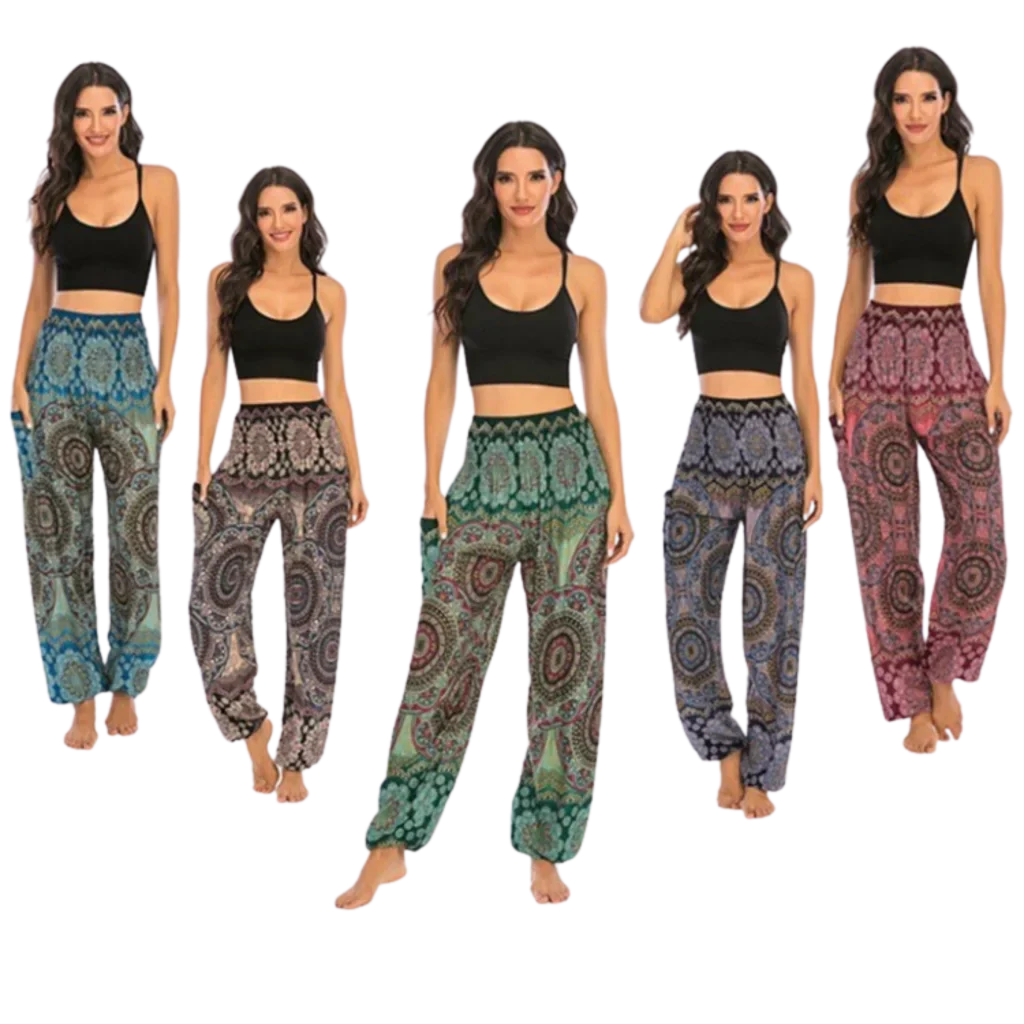 Bohemian-style harem pants with paisley patterns in different colors paired with black crop tops - BOHEMIAN INSPIRED WIDE LEG ALADDIN PANTS FOR LADIES