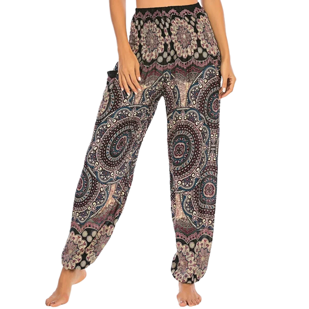 Bohemian-style harem pants with paisley patterns in different colors paired with black crop tops - BOHEMIAN INSPIRED WIDE LEG ALADDIN PANTS FOR LADIES - balck gold