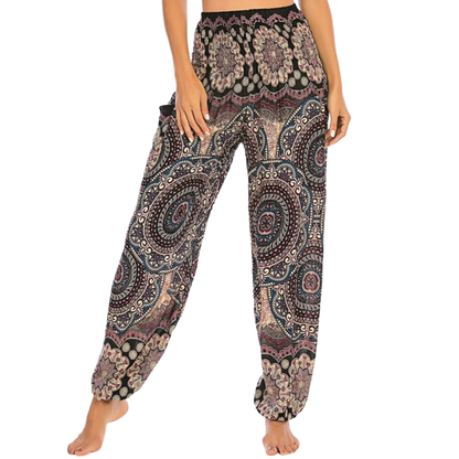 Bohemian-style harem pants with paisley patterns in different colors paired with black crop tops - BOHEMIAN INSPIRED WIDE LEG ALADDIN PANTS FOR LADIES - balck gold