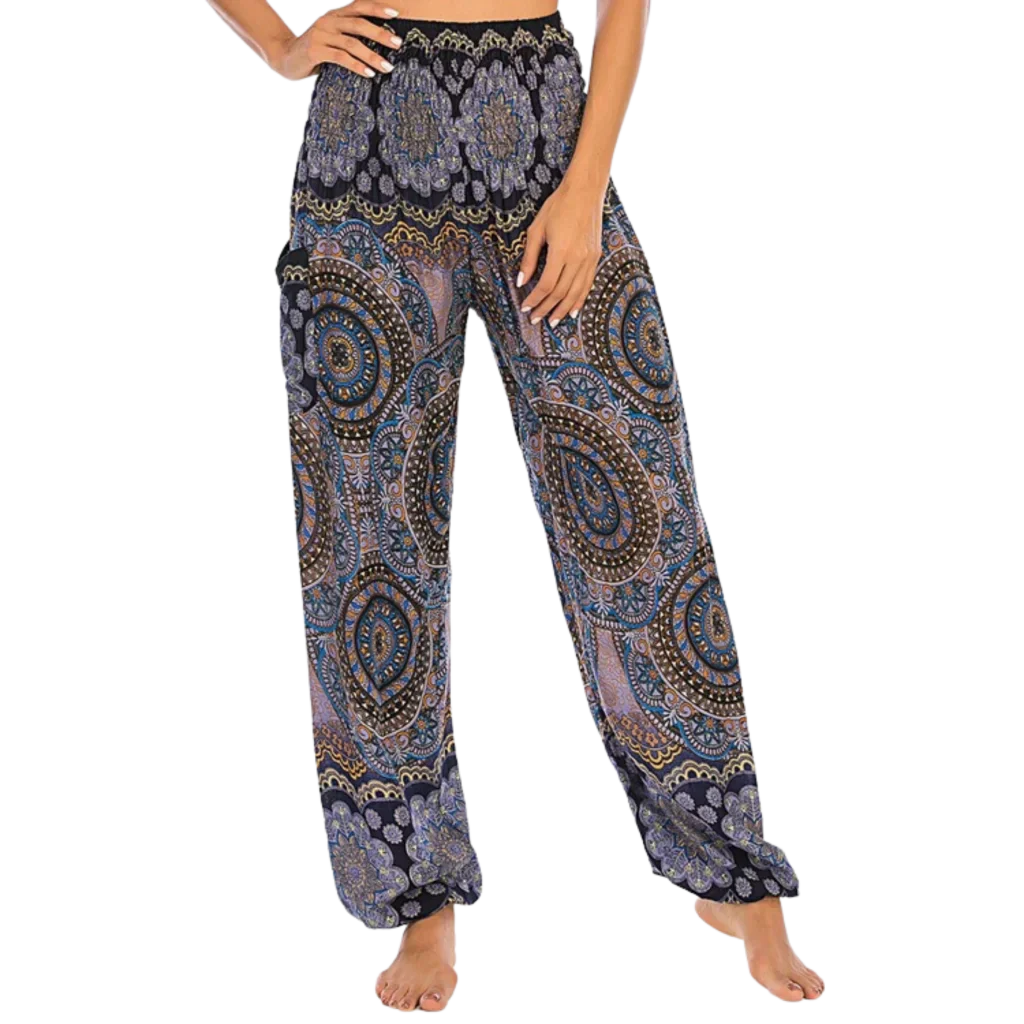 Bohemian-style harem pants with paisley patterns in different colors paired with black crop tops - BOHEMIAN INSPIRED WIDE LEG ALADDIN PANTS FOR LADIES - Dark blue