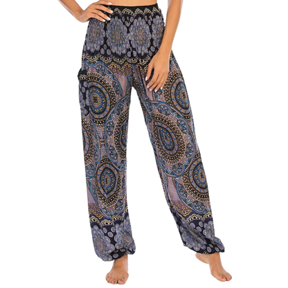 Bohemian-style harem pants with paisley patterns in different colors paired with black crop tops - BOHEMIAN INSPIRED WIDE LEG ALADDIN PANTS FOR LADIES - Dark blue