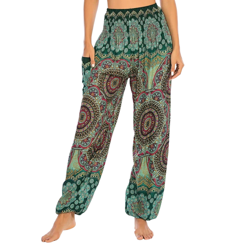 Bohemian-style harem pants with paisley patterns in different colors paired with black crop tops - BOHEMIAN INSPIRED WIDE LEG ALADDIN PANTS FOR LADIES - Green