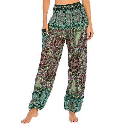 Bohemian-style harem pants with paisley patterns in different colors paired with black crop tops - BOHEMIAN INSPIRED WIDE LEG ALADDIN PANTS FOR LADIES - Green