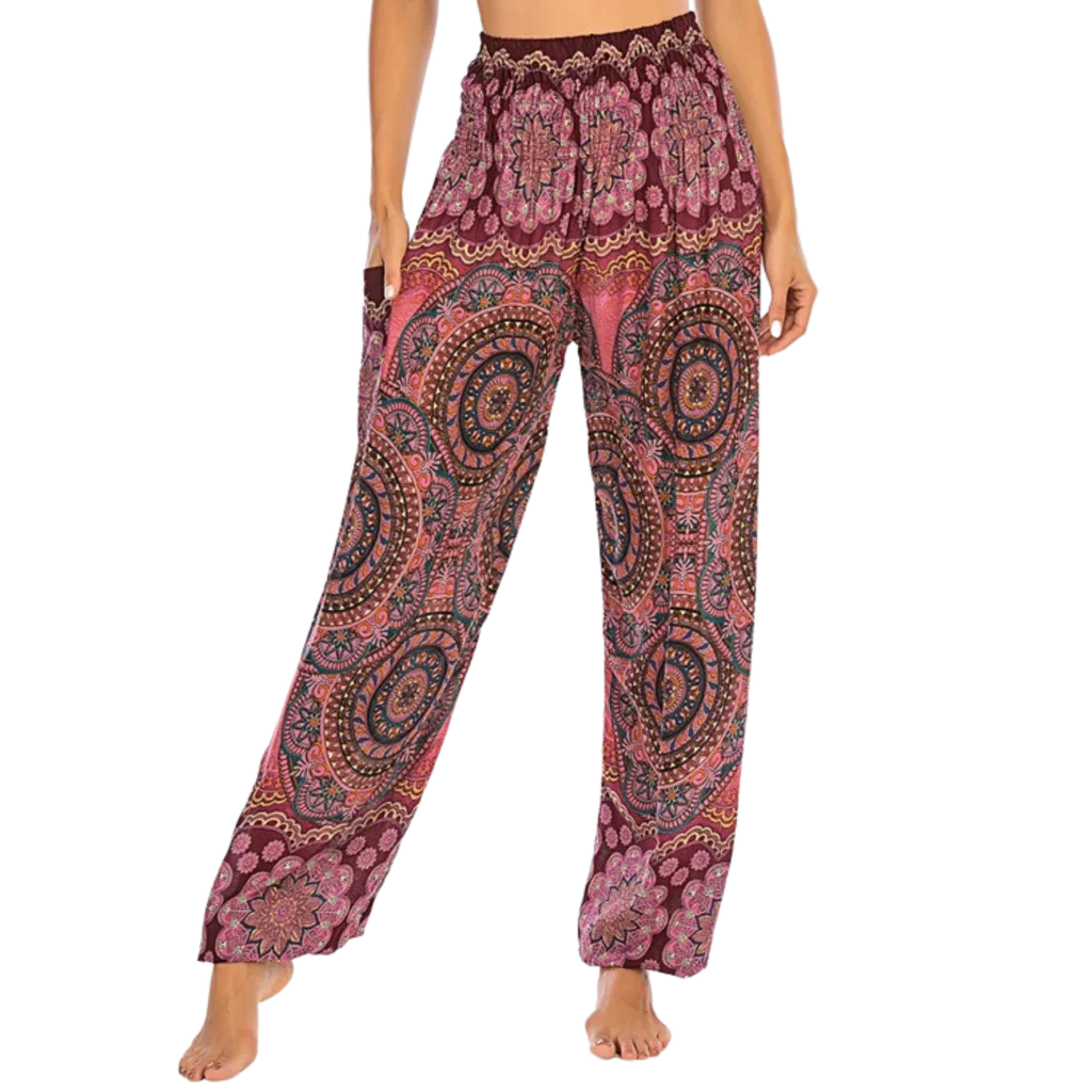 Bohemian-style harem pants with paisley patterns in different colors paired with black crop tops - BOHEMIAN INSPIRED WIDE LEG ALADDIN PANTS FOR LADIES - Wine red