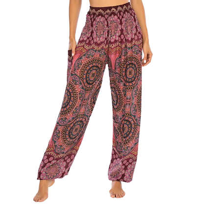 Bohemian-style harem pants with paisley patterns in different colors paired with black crop tops - BOHEMIAN INSPIRED WIDE LEG ALADDIN PANTS FOR LADIES - Wine red