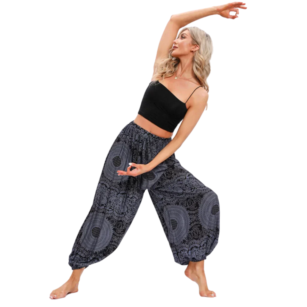 Teal patterned harem pants with elastic cuffs at the ankles, front view - BOHEMIAN MANDALA YOGA HAREM PANTS WOMEN - Rose Black