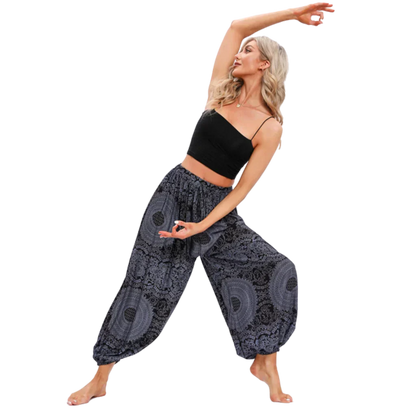 Teal patterned harem pants with elastic cuffs at the ankles, front view - BOHEMIAN MANDALA YOGA HAREM PANTS WOMEN - Rose Black