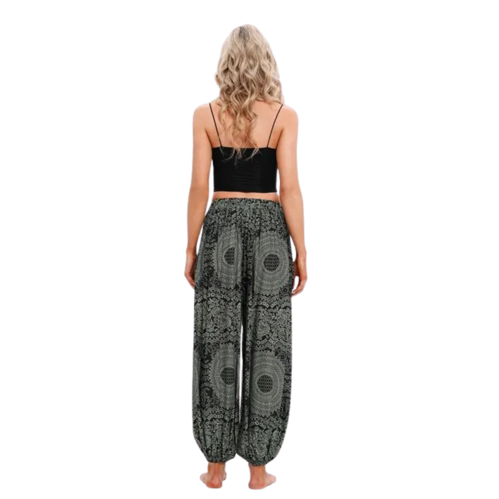 Teal patterned harem pants with elastic cuffs at the ankles, back view - BOHEMIAN MANDALA YOGA HAREM PANTS WOMEN - Rose Dark Green