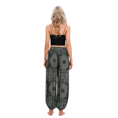 Teal patterned harem pants with elastic cuffs at the ankles, back view - BOHEMIAN MANDALA YOGA HAREM PANTS WOMEN - Rose Dark Green