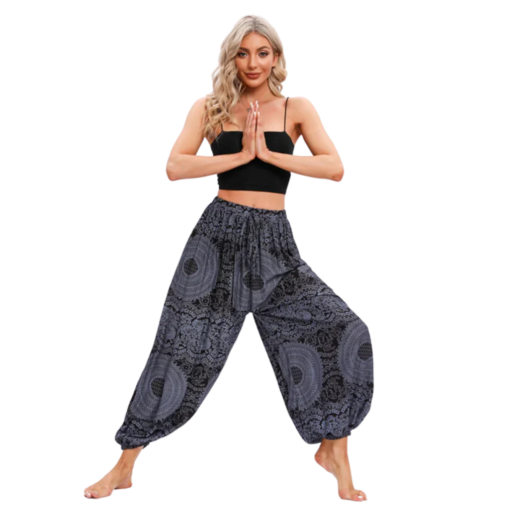 Teal patterned harem pants with elastic cuffs at the ankles, front view - BOHEMIAN MANDALA YOGA HAREM PANTS WOMEN - Rose Black