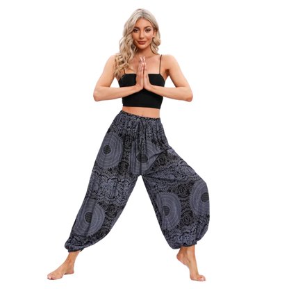 Teal patterned harem pants with elastic cuffs at the ankles, front view - BOHEMIAN MANDALA YOGA HAREM PANTS WOMEN - Rose Black