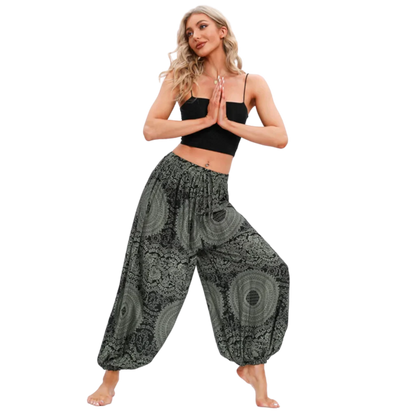 Teal patterned harem pants with elastic cuffs at the ankles, front view - BOHEMIAN MANDALA YOGA HAREM PANTS WOMEN - Rose Dark Green