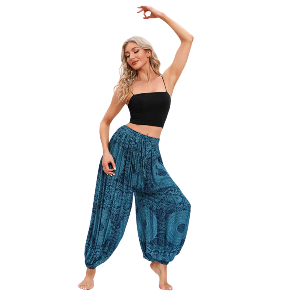 Teal patterned harem pants with elastic cuffs at the ankles, front view - BOHEMIAN MANDALA YOGA HAREM PANTS WOMEN - Rose Navy Blue