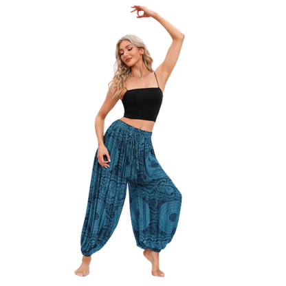 Teal patterned harem pants with elastic cuffs at the ankles, front view - BOHEMIAN MANDALA YOGA HAREM PANTS WOMEN - Rose Navy Blue