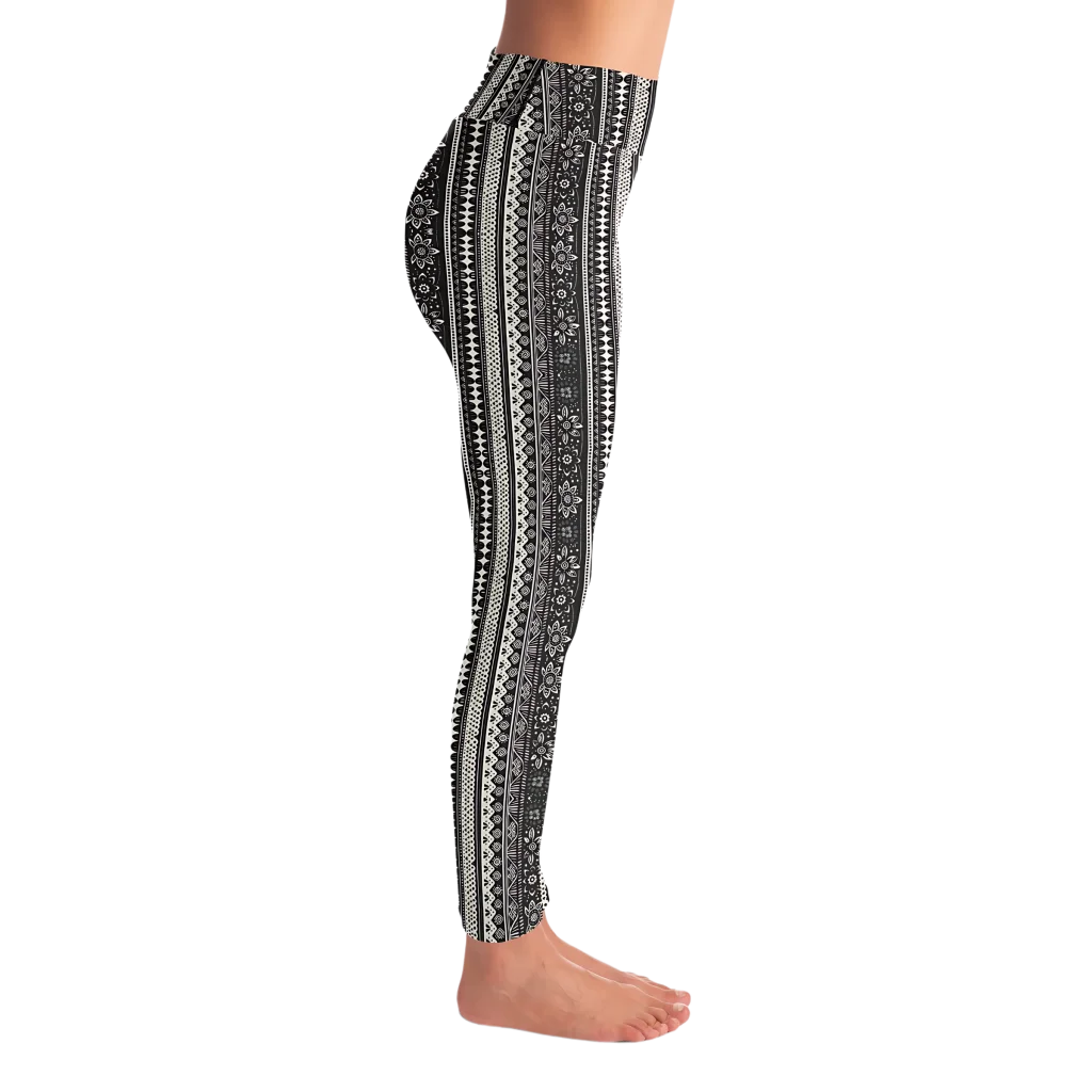 BOHO ETHNIC BLACK WHITE FEMALE YOGA PANTS WITH POCKET - Yoga Leggings - AOP