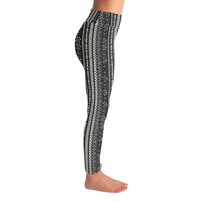 BOHO ETHNIC BLACK WHITE FEMALE YOGA PANTS WITH POCKET - Yoga Leggings - AOP