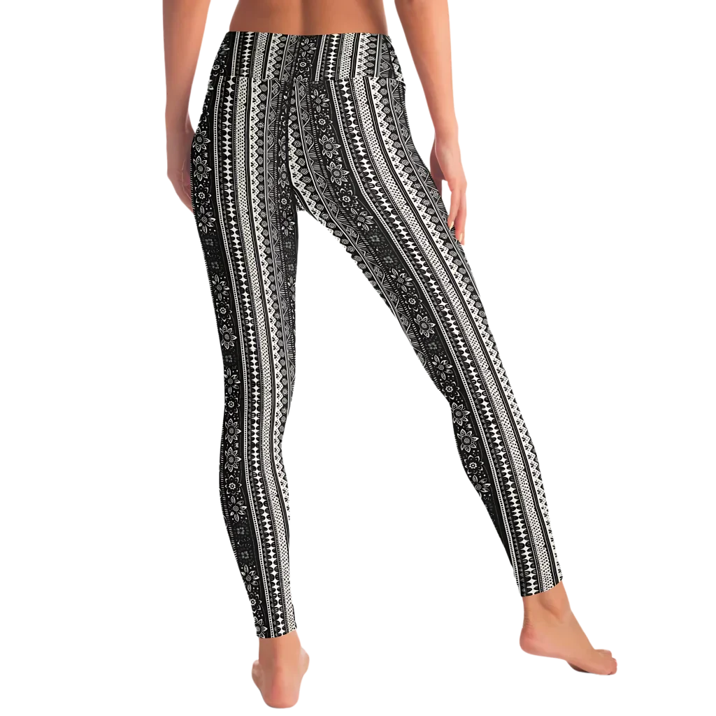 BOHO ETHNIC BLACK WHITE FEMALE YOGA PANTS WITH POCKET - Yoga Leggings - AOP