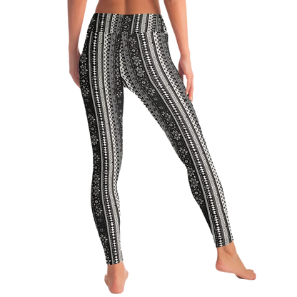 BOHO ETHNIC BLACK WHITE FEMALE YOGA PANTS WITH POCKET - Yoga Leggings - AOP