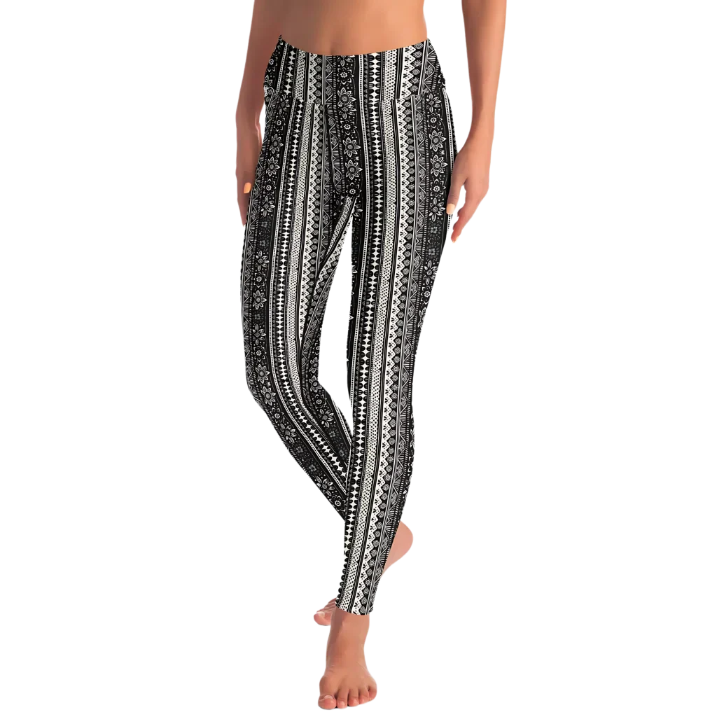 BOHO ETHNIC BLACK WHITE FEMALE YOGA PANTS WITH POCKET - Yoga Leggings - AOP