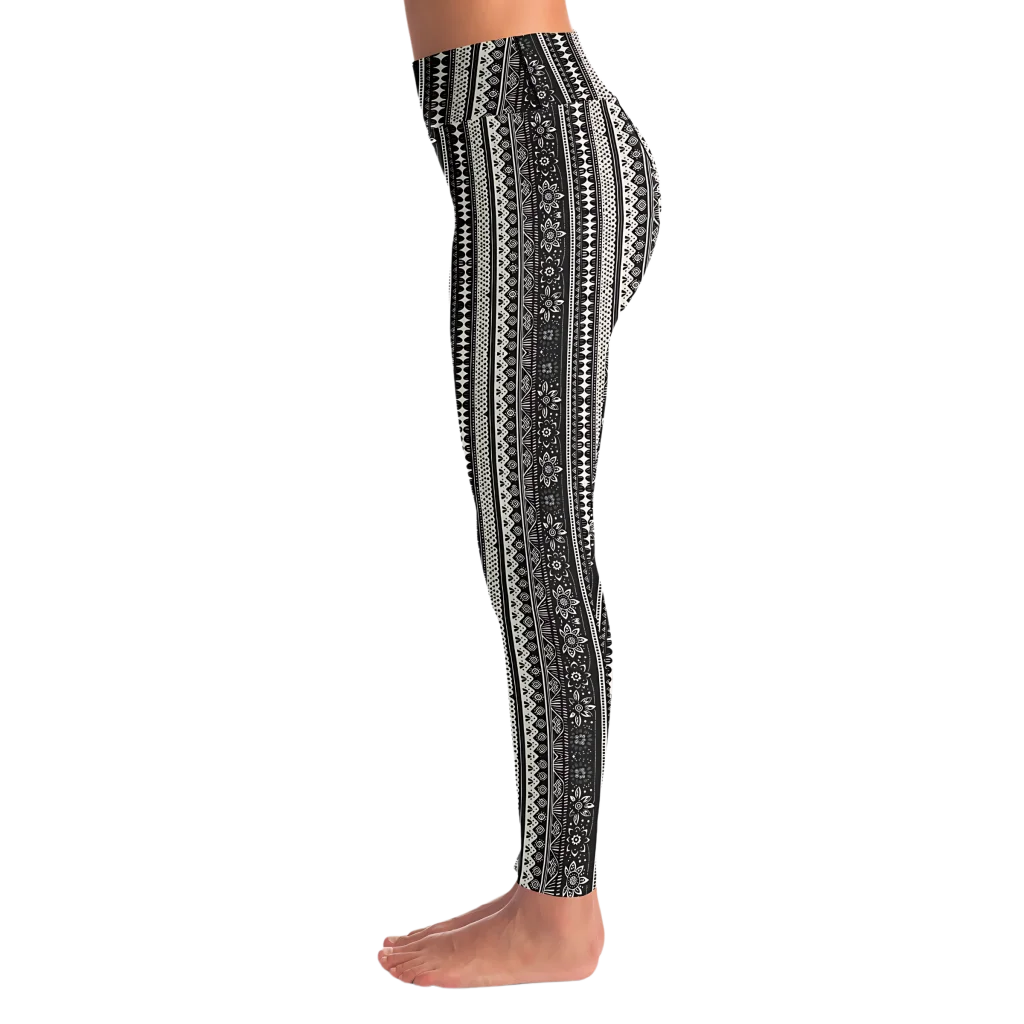 BOHO ETHNIC BLACK WHITE FEMALE YOGA PANTS WITH POCKET - Yoga Leggings - AOP