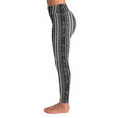 BOHO ETHNIC BLACK WHITE FEMALE YOGA PANTS WITH POCKET - Yoga Leggings - AOP