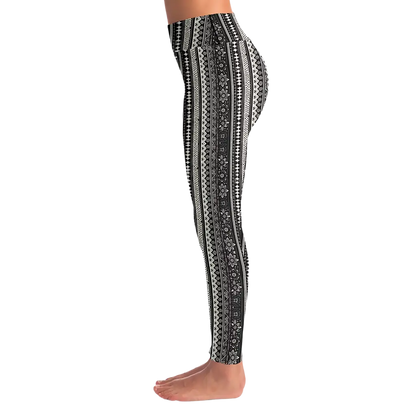 BOHO ETHNIC BLACK WHITE YOGA LEGGINGS WITH POCKET - Yoga