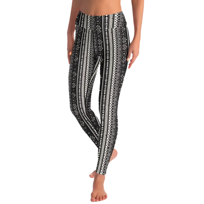 BOHO ETHNIC BLACK WHITE YOGA LEGGINGS WITH POCKET - Yoga