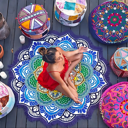 BOHO ROUND BEACH YOGA MAT WITH ETHNIC PRINT & TASSELS - Blue - Beach yoga mat