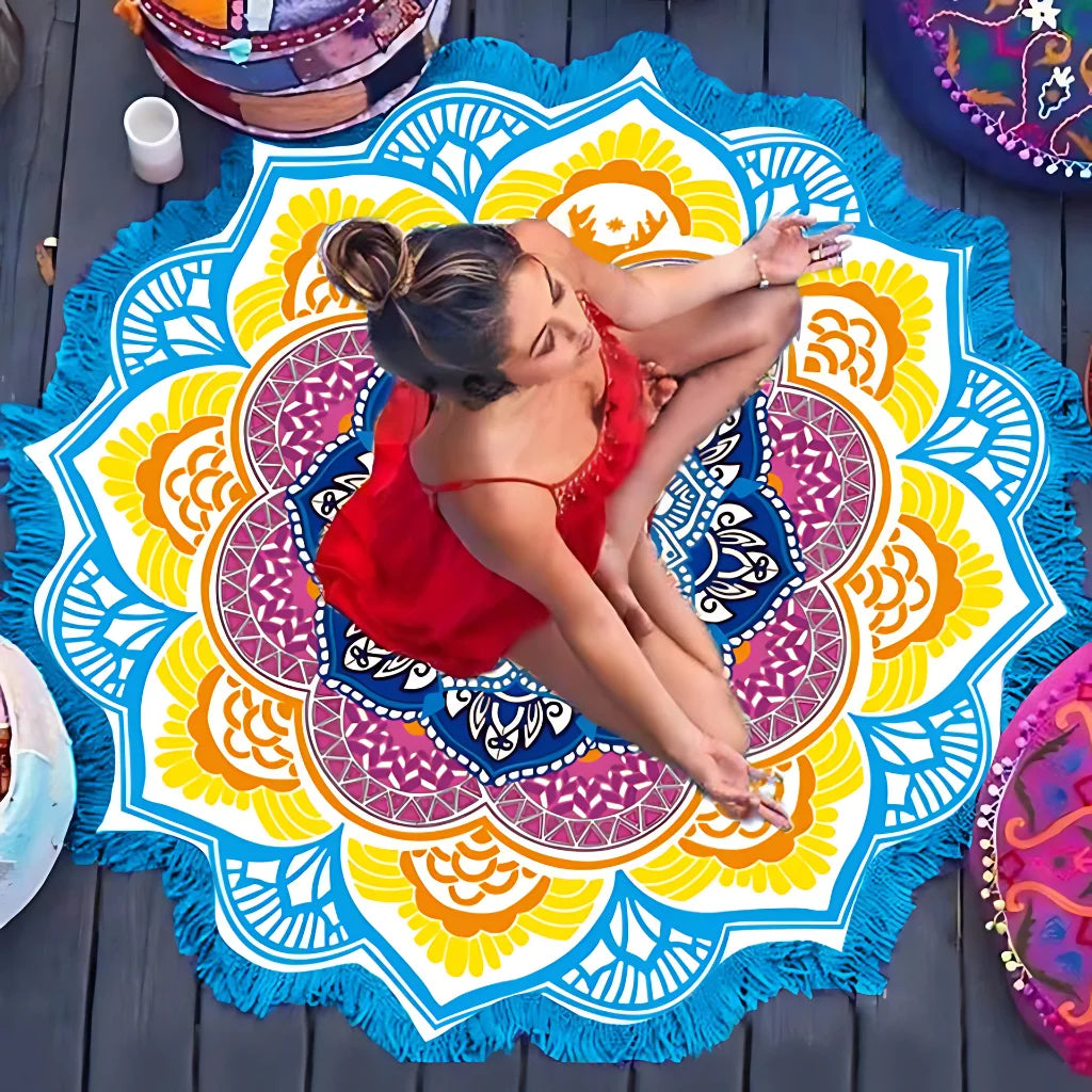 BOHO ROUND BEACH YOGA MAT WITH ETHNIC PRINT & TASSELS - Light Blue - Beach yoga mat