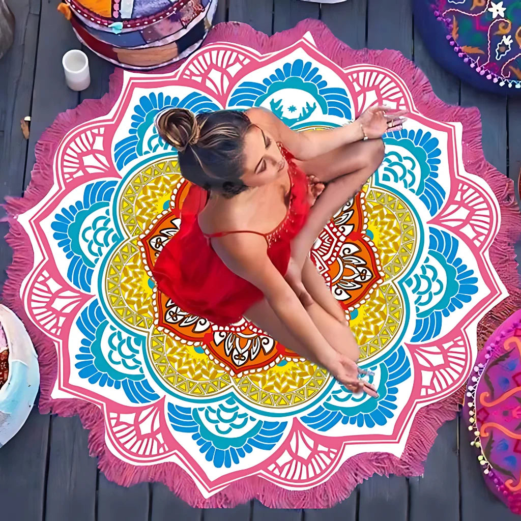 BOHO ROUND BEACH YOGA MAT WITH ETHNIC PRINT & TASSELS - Pink - Beach yoga mat