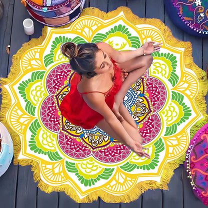 BOHO ROUND BEACH YOGA MAT WITH ETHNIC PRINT & TASSELS - Yellow A - Beach yoga mat