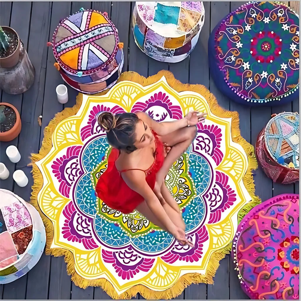 BOHO ROUND BEACH YOGA MAT WITH ETHNIC PRINT & TASSELS - Yellow B - Beach yoga mat